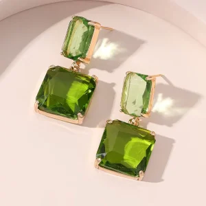 European Style Square Green Gemstone Dangle Earrings for Party