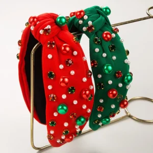 European and American Christmas Themed Fabric Hairbands Red Velvet Pearl Gem Hair Accessories Holiday Simple Versatile Headbands