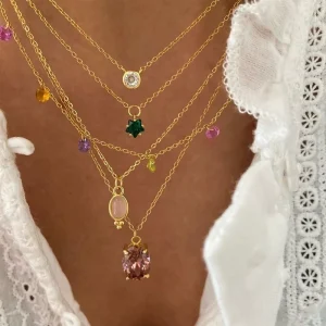European and American Colorful Zircon Stainless Steel Necklace Gem Design Round Pendant Color free All match Clavicle