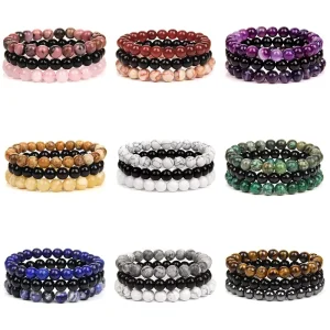European and American Fashion Accessories Black Agate Natural Stone Bead Elastic Bracelet Popular Gift Idea for Men and Women
