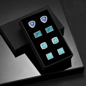 European and American Fashion Aquamarine Cufflink Set High-Grade Diamond Jewel on Stainless Steel Sleeves for Gift