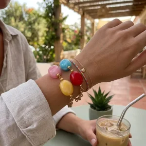 European and American Fashion Geometric Jewelry Stainless Steel Plated 18K Gold Colored Acrylic Beads OT Keychain Bracelet