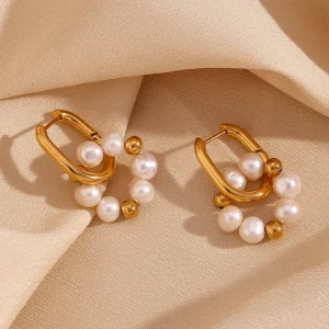 European and American Fashion Niche Stainless Steel Plated 18K Freshwater Pearl Bead Flower U-shaped Earrings