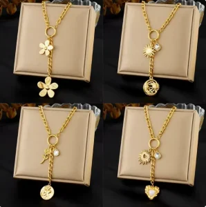 European and American Fashion Retro Style Long Tassel Flower Round Sun and Moon Heart Shaped Pendant Necklace