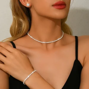 European and American Fashion Simple Shiny Crystal Rhinestone Necklace Earrings Bracelet Luxury Temperament