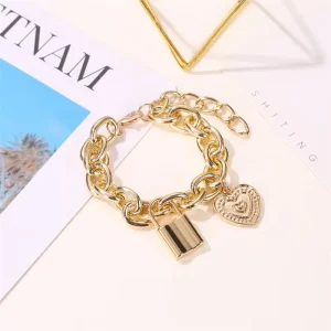 European and American Geometric Hip hop Punk Style Thick Chain Bracelet with Lock and Heart Pendant Design