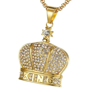 European and American Hiphop Jewelry Titanium Steel Gold Plated Diamond Crown Pendant Necklace King