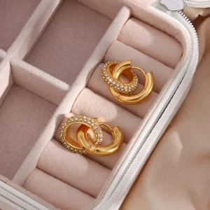 European and American Ins Fashion Personality Temperament Stainless Steel Plated 18K Gold Zircon Ring Pendant Thick Ear Ring