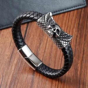 European and American Men’s Stainless Steel Leather Bracelet With Charm Braided Titanium Cord Wing Design L20191