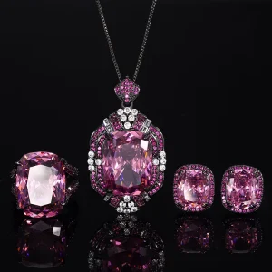 European and American Retro Crown Inlaid with Dried Rose Zircon Pendant Ring Earring Jewelry Set