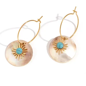 European and American Stainless Steel Plated 18K Gold Turquoise Sunflower Round Shell Earrings for Women
