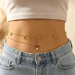 European and American Style 14K Gold Multi Layer Star Waist Chain for Women Beach Bikini Body Sexy Fashionable Accessory