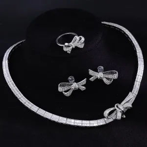 European and American Style Bow S925 Sterling Silver Gold Plated Diamond T shaped Necklace