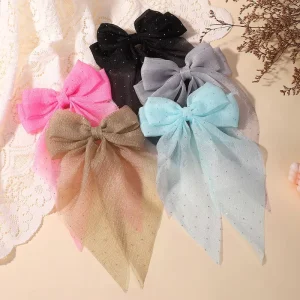 European and American Style Fashion Bow Hair Accessories Large Candy Color Lace Long Ribbon Bow Hair Clips for Women