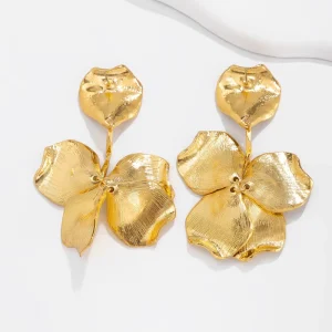 European and American Trendy Gold Plated Statement Flower Drop Earrings with Brushed Texture for Party Occasions