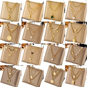 European and American cross border fashion retro gold plated double layer multi element pendant necklace with butterfly pearl