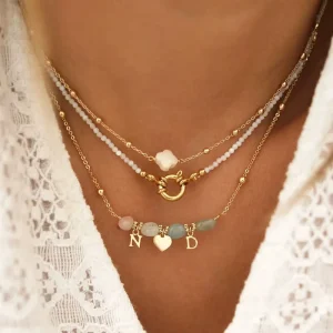European and American style Versatile Natural Stone Necklace with Beaded Heart Pendant Multi layered