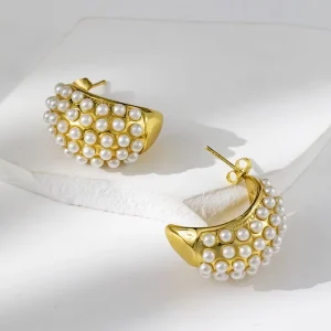 European and American style pearl retro geometric 18k gold plated diamond inlaid versatile fashionable earrings