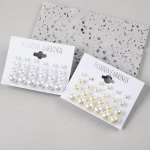 European and Korean Vintage Style Stud Earrings 12 Pair Set of Ball Shaped Pearl Alloy Jewelry for Women