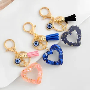 Evil Eye Hollow Heart Resin Keychain Tassel Lucky Amulet Bag Charm Pendant Car Key Ring Handbag Decoration Gift