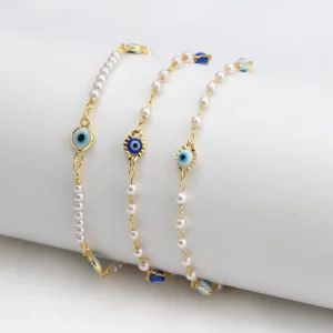 Evil Eyes Pearl Anklet Gold Plated Irregular Pearl Foot Chain Turkish Blue Eye Beaded Ankle Bracelet for Women Beach Jewelry