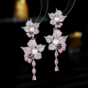 Exaggerated Atmosphere Long Tassel Water Drop Earrings Flower Pearl Pendant Earrings For Women Jewelry