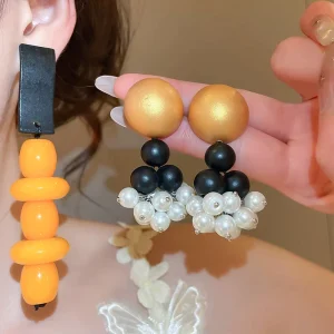 Exaggerated Black Wooden Orange Resin Bead Tassel Drop Earrings Women Party Jewelry Accessories