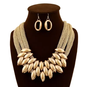 Exaggerated Bohemian Vintage Gold Bib Statement Necklace Earring Women Multi Layer Woven Mesh Chain Leaf Pendant Jewelry Set