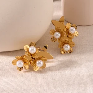 Exaggerated Geometric Flower Pearl Design Earrings Trendy Stainless Steel Gold Plated Stud Earrings for Women Party Jewelry
