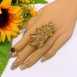 Exaggerated Gold 3D Rose Leaf Statement Ring Women Vintage Chunky Floral Adjustable Open Band Cocktail Finger Jewelry