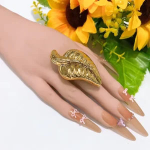 Exaggerated Gold Plated Leaf Shape Open Ring Vintage Textured Adjustable Finger Ring Trendy Women Daily Party Jewelry Gift