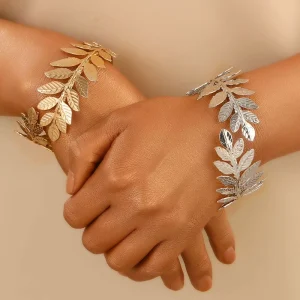Exaggerated Gold Silver Color Leaf Adjustable Bracelet Personalized Leaf Dual Purpose Female Arm Band Bracelets Fashion Jewelry