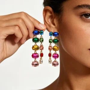 Exaggerated Heavy Colorful Multi Layer Crystal Rhinestone Claw Chain Tassel Drop Earrings