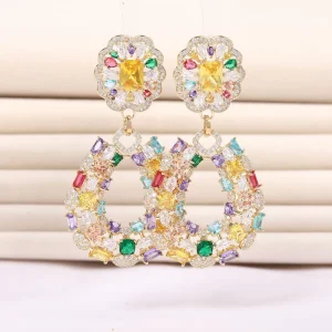 Exaggerated Heavy Industry Color Zircon Flower Shape Earrings European American Retro Design High grade Jewelry Factory