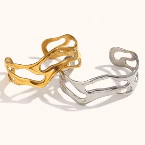 Exaggerated Hollow Gold Plated Water Wave Cuff Bangle Stainless Steel Waterproof Jewelry