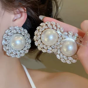 Exaggerated Large Round Rhinestone Pearl Drop Earrings Women Party Jewelry Accessories