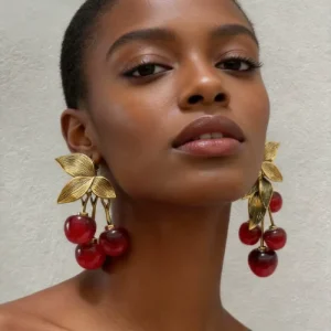 Exaggerated Leaf Resin Red Color Fruit Cherry Drop Earrings for Women Party Jewelry