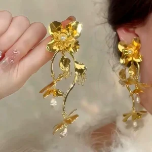 Exaggerated Metal Gold Women Diamond Pearl Drop Party Wedding Luxury Earring extra Large Gold Metal Multi Layer Flower Earring
