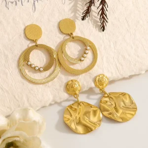 Exaggerated Multi layer Circle Pearl Drop Earrings Stainless Steel Gold Plated Fashion Geometric Shape for Women Party Jewelry
