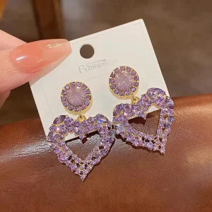 Exaggerated Purple Heart Stud Earrings Full Diamond Fashion Statement Ear Accessory for Woman Party Daily Wear