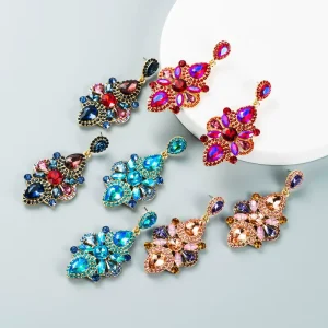 Exaggerated Trendy Geometric Shining Colorful Flower Stud Earrings Gold Plated Teardrop Pendant Rhinestone Earring