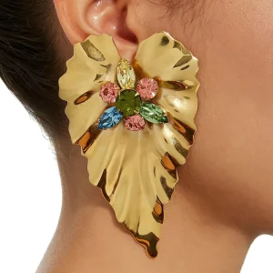 Exaggerated Women Large Punk Chunky Leaf Shape Diamond Gemstone Stud Earring Party Women Big Gold Metal Leaf Shape Earring