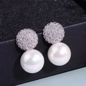 Exquisite Bling Cubic Zirconia Pearl Dangle Earrings for Women Wedding Fashion Silver Plated CZ Pendant Earrings