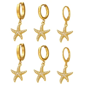 Exquisite Crystal Simple Style Zircon Pendant Fashion Stainless Steel Gold Circle Starfish Wedding Suitable Fashion Accessories