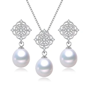 Exquisite Elegant Oval Rice Shape Real Fresh Water Natural Women 925 Silver Original Pearl Set