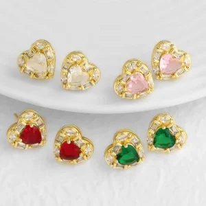 Exquisite Fashion Jewelry Gold Plated Brass CZ Earrings Inlaid Multi Color Zircon Heart Stud Earrings For Women
