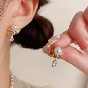 Exquisite Fashionable Colored Zircon Pearl Water Drop Pendant Earrings Elegant Ladies’ Banquet Wedding Jewelry