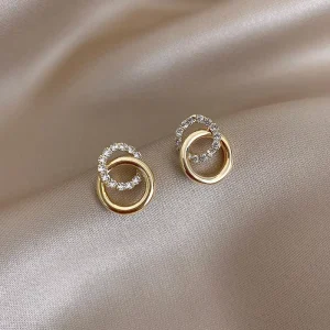 Exquisite Korean Style Double Circle Gold Metal Crystal Drop Earrings Best Friend Gifts Fashion Jewelry for Women