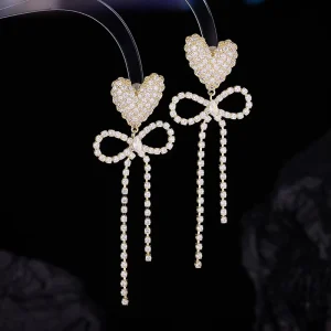 Exquisite Long Earrings with Zircon Love Bow Tassel Drop Earrings 925 Silver Needle Gold Plated Trendy Earrings