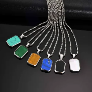 Exquisite Rectangle Gemstone Stainless Steel Necklace Vintage Trendy Fashion Jewelry